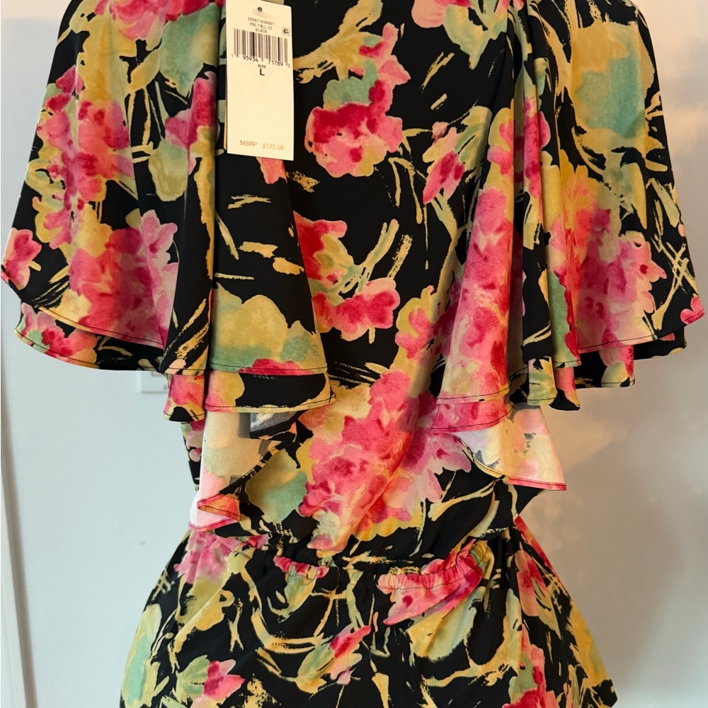 Ralph Lauren Flutter Sleeve Cross Front V Neck Top Blouse Floral NWT Large - Picture 2 of 13